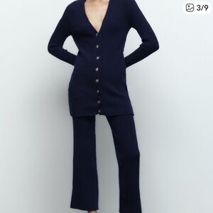 Zara navy Ribbed knit Wide Leg Pants & long Cardigan Set size small